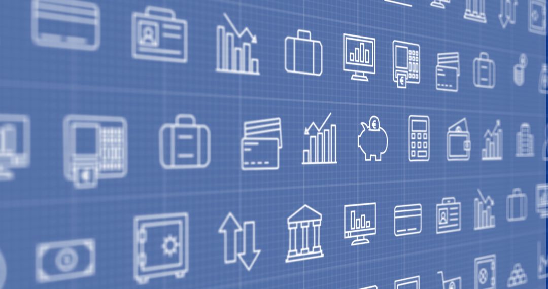 Digital Business Icons on Blue Grid Background