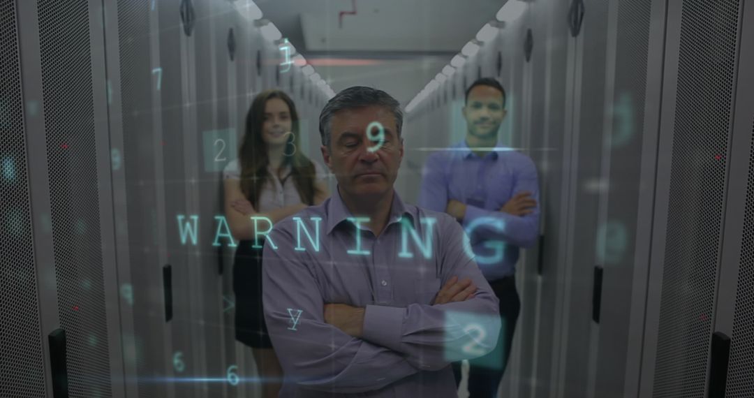 Alert Concept with Diverse Business Professionals in High-Tech Server Room
