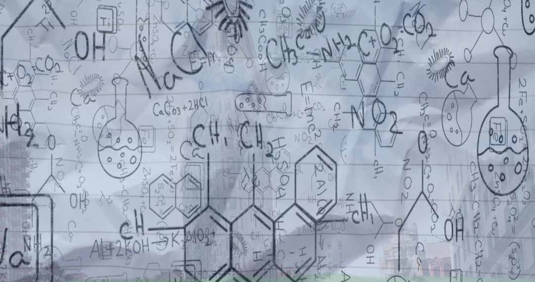 Complex Chemistry Notes with Molecular Structures on Whiteboard