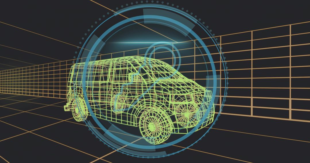 Neon Wireframe Van in 3D HUD Interface for Vehicle Design and Simulation