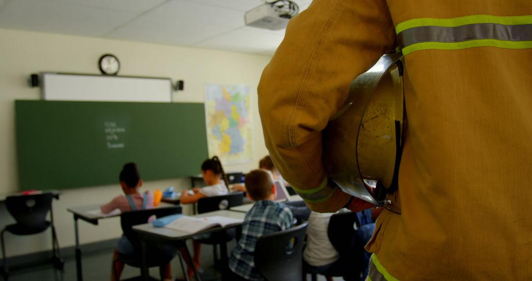 Firefighter Visiting a Classroom with Attentive Students