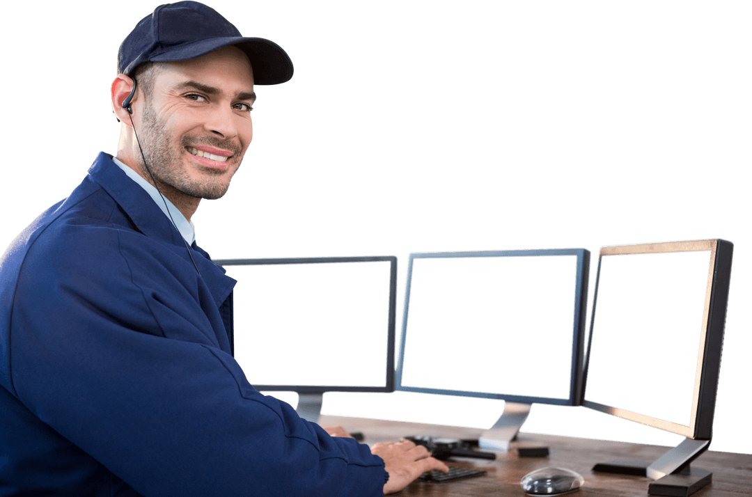 Transparent Smiling Security Officer Using Computer Monitors - Download Free Stock Images Pikwizard.com