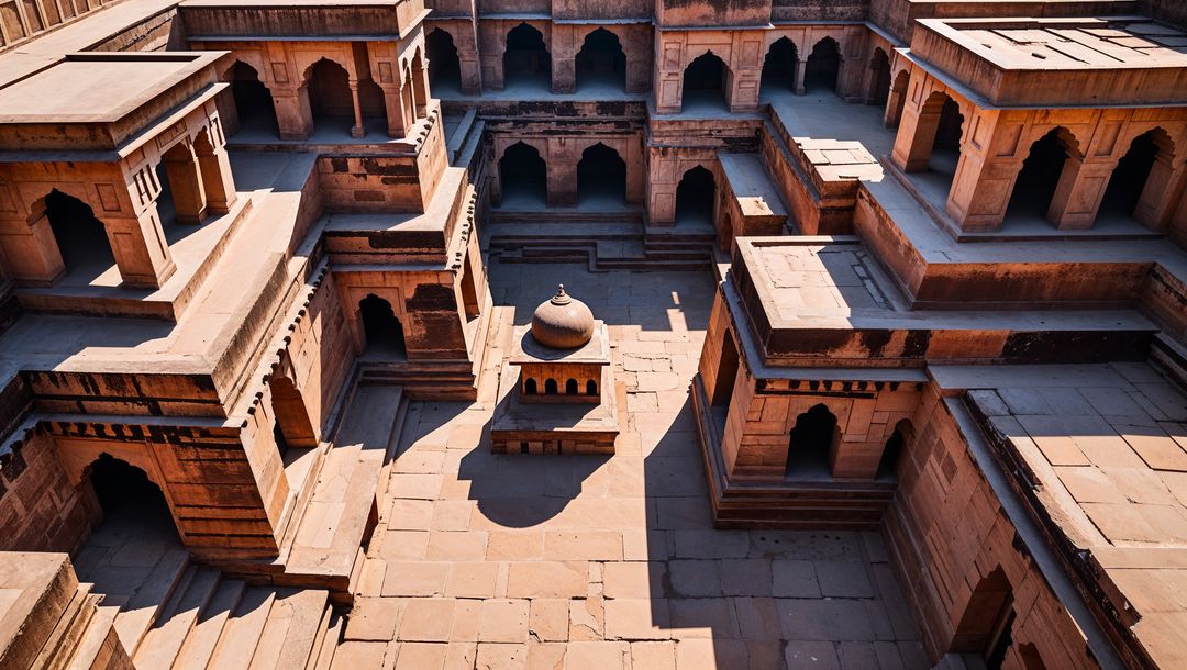 Intricate Sandstone Architecture with Shadows in Courtyard