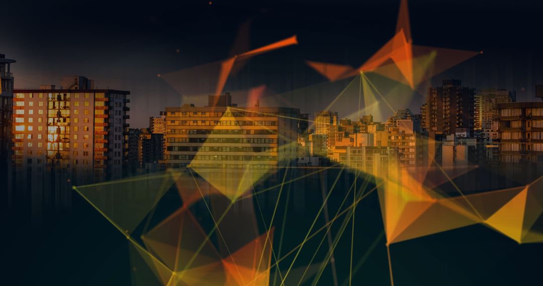 Digital Network Overlay on Modern City Buildings at Dusk