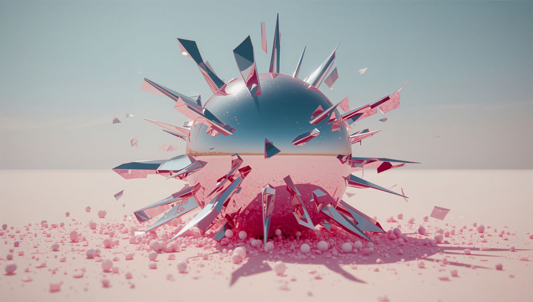 Reflective Sphere Fragmented by Pink Shards in Futuristic Landscape