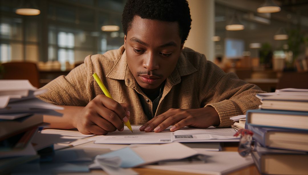 Focused Student Diligently Studying in Library