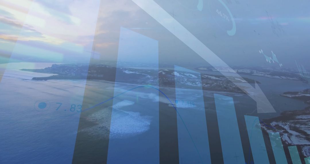 Bar Graph with Declining Trend Overlay on Coastal Landscape