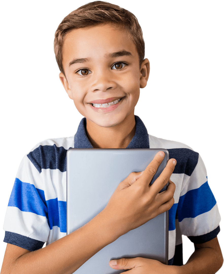 Smiling Boy Holding Tablet on Transparent Background