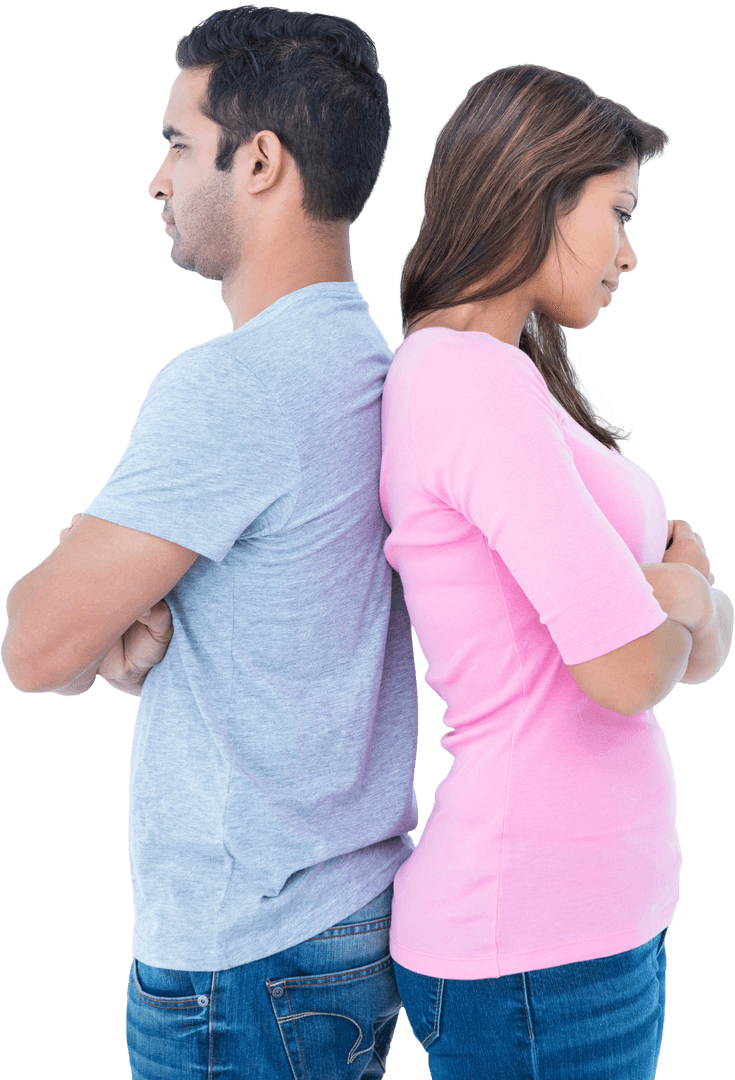 Transparent Angry Couple Stands Back to Back in Casual Outfit