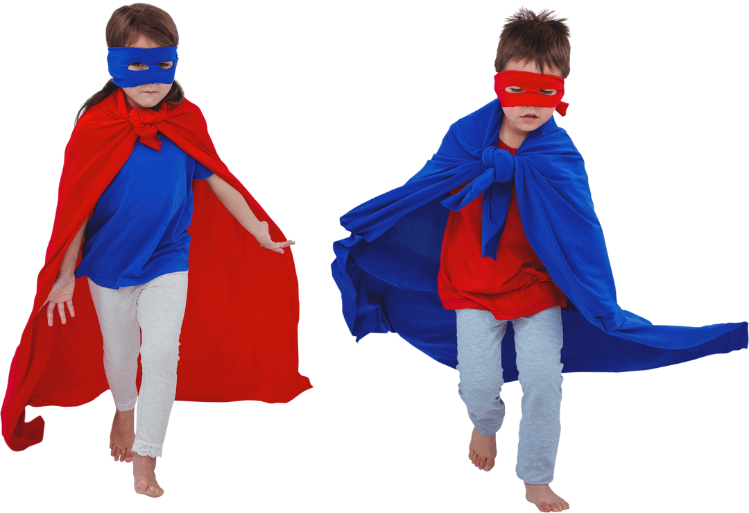 Children Pretending as Masked Superheroes with Capes, Transparent Cutout