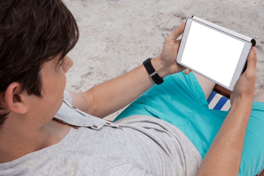 Transparent Tablet Usage Relaxing Beachside