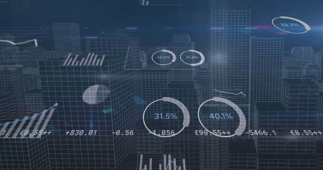 Digital Financial Data Overlay in Urban Cityscape Concept
