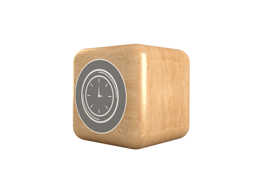 Transparent Wooden Cube Featuring Clock Icon 3D Render