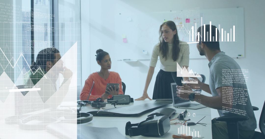 Business Team Analyzing Data with Augmented Reality Elements
