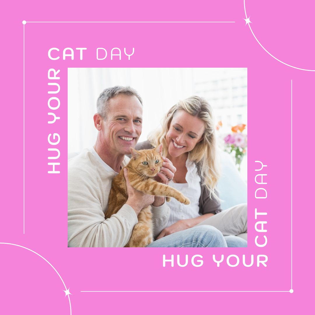 Happy Hug Your Cat Day with Smiling Couple and Pet Cat