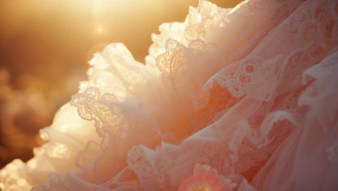 Elegant White Lace Fabric Shimmering in Golden Glow