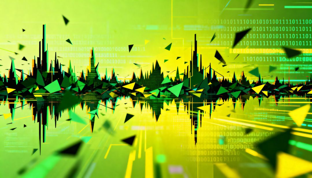 Neon Green Geometric Skyline Waveform Reflecting Binary Code in Futuristic Grid