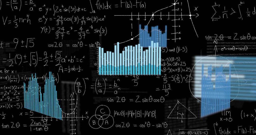 Blending handwritten mathematics and blue bar chart visualizations on blackboard background