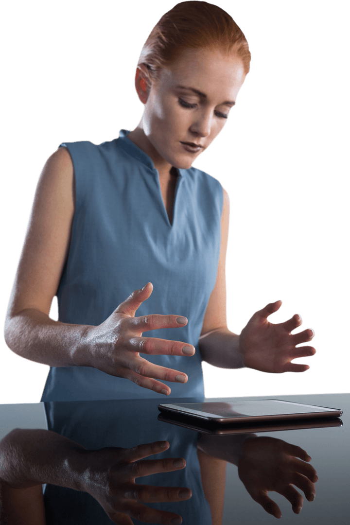 Businesswoman Interacting with Digital Tablet on Transparent Surface