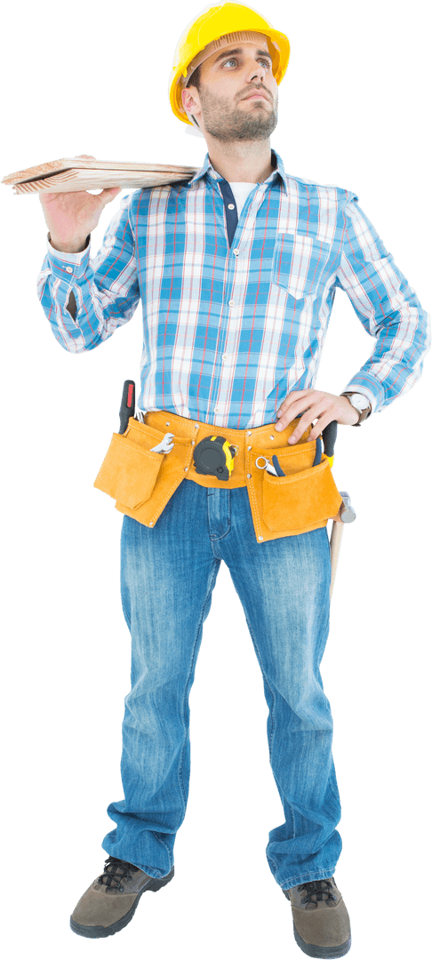 Transparent Image of Confident Worker Holding Wooden Planks