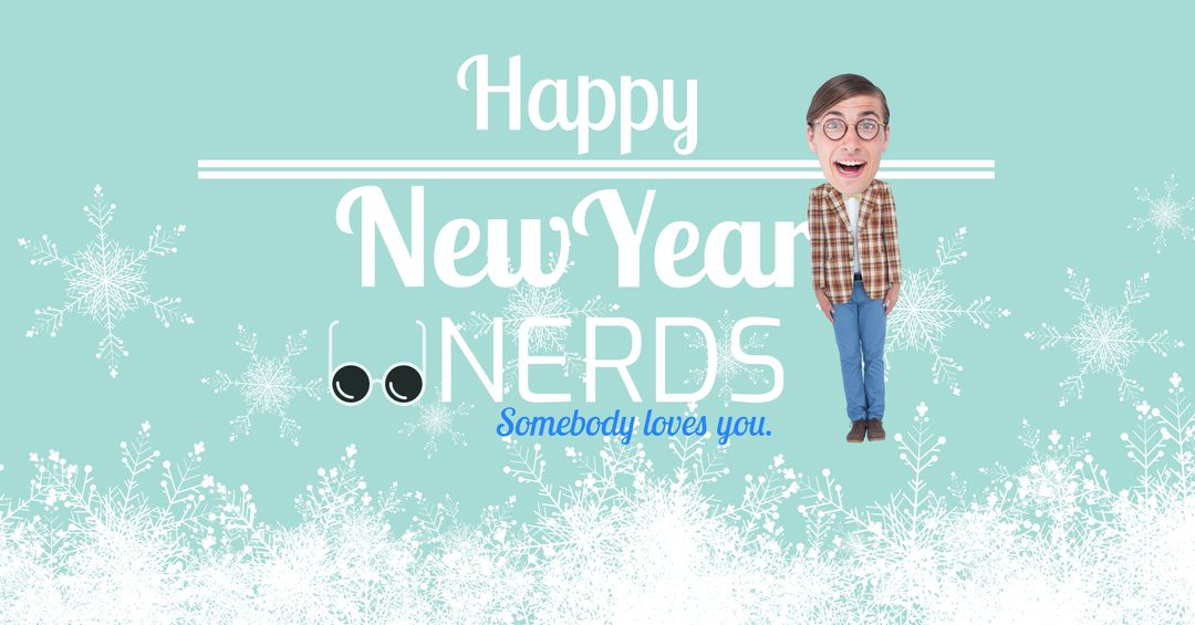 Playful New Year Card with Quirky Character and Snowflakes