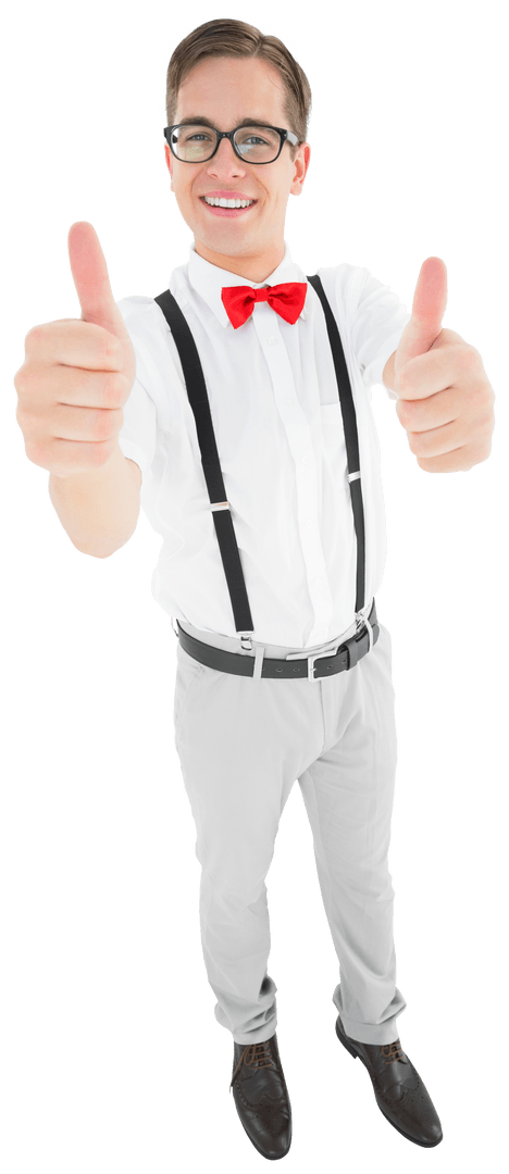 Cheerful Male Hipster with Red Bow Tie Giving Thumbs Up on Transparent Background