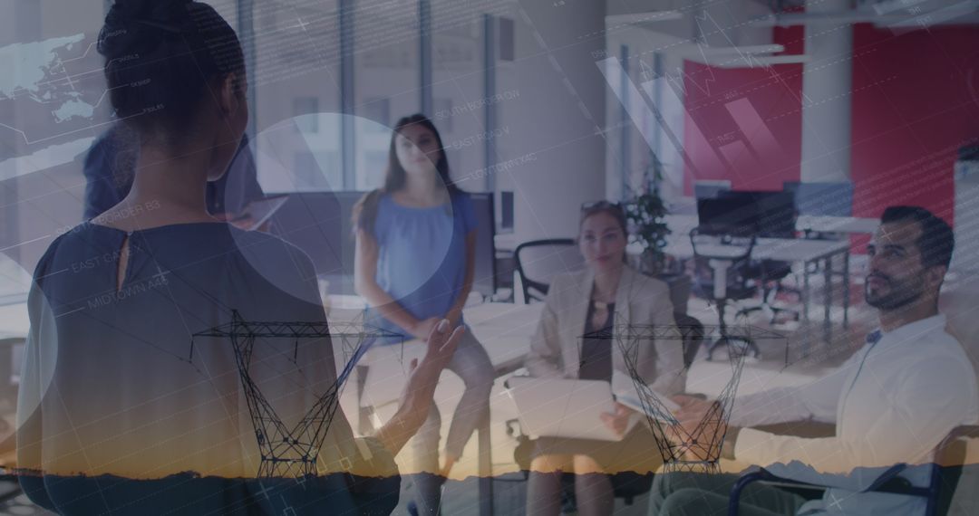 Diverse Business Presentation with Data Visualization Overlay