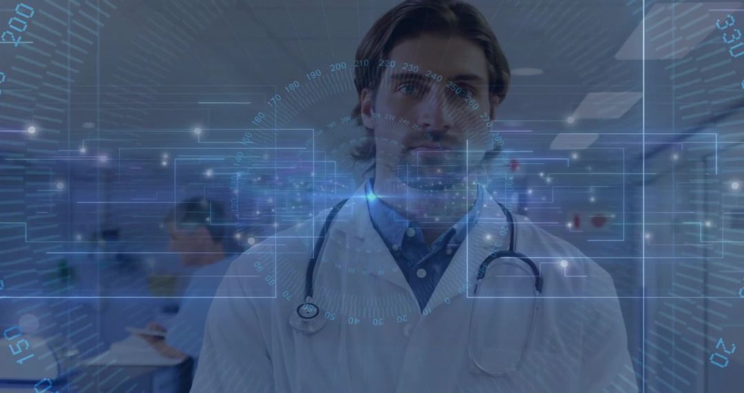 Doctor Analyzing Digital Health Interface in Hospital Corridor