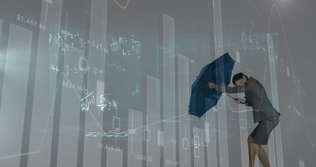 Businesswoman Navigating Digital Data Storm with Umbrella