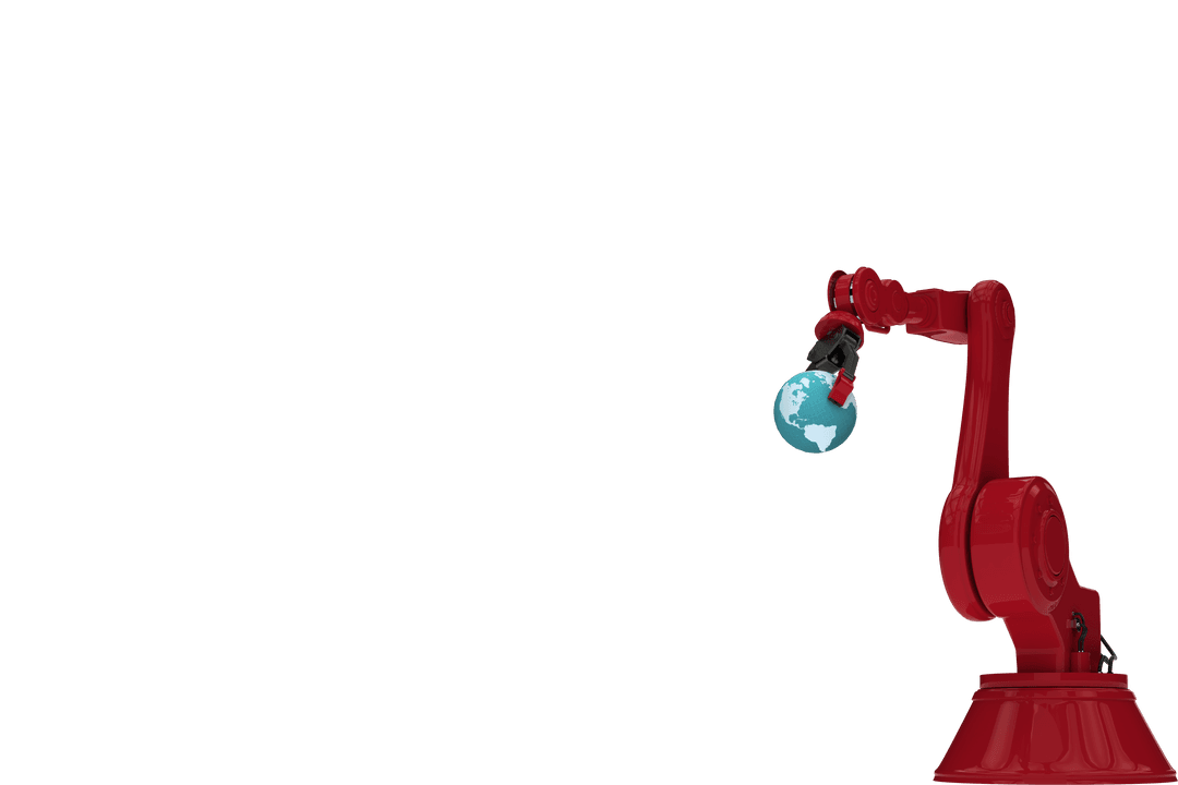 Transparent Red Robotic Arm Holding Blue Planet Earth