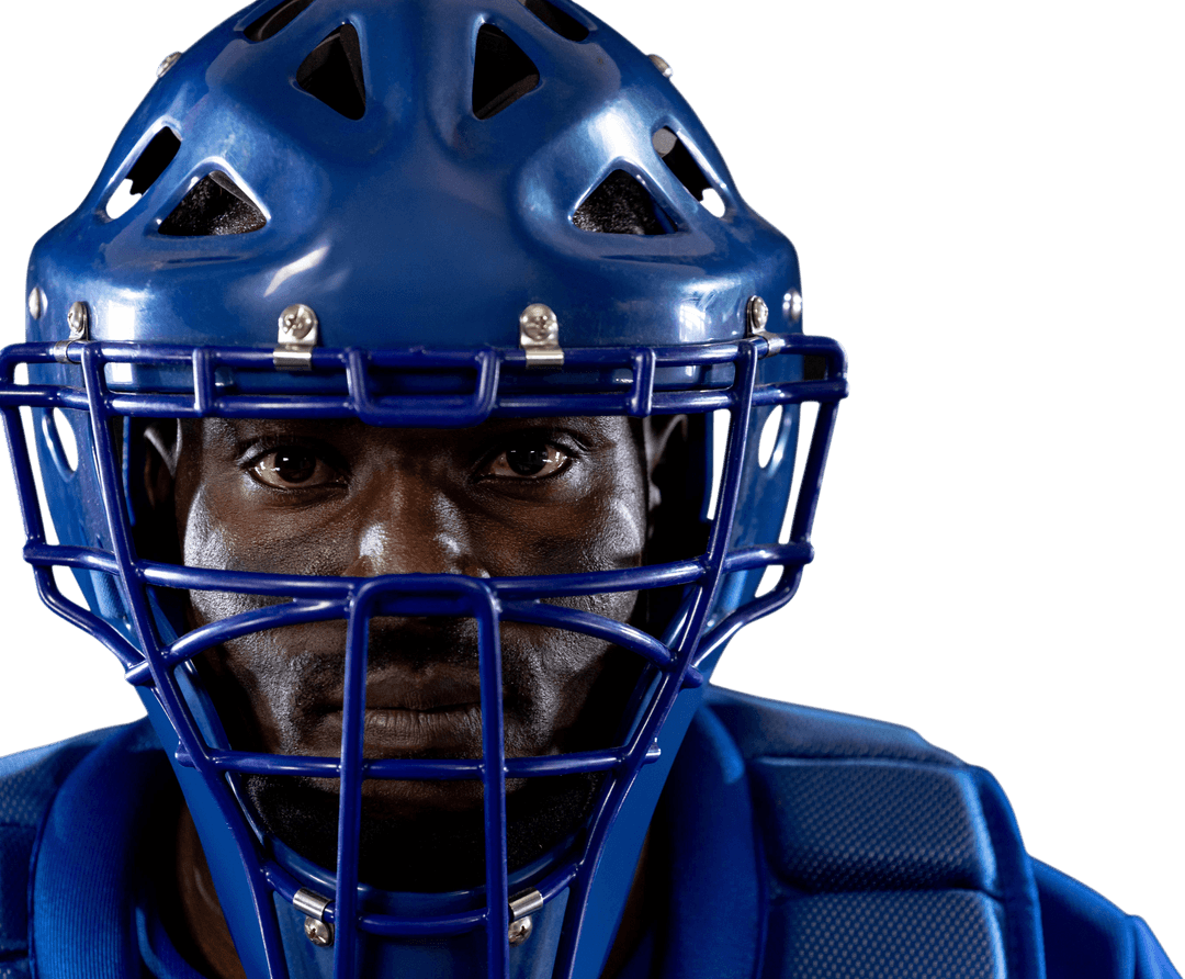 Close-Up of African American Baseball Catcher on Transparent Background