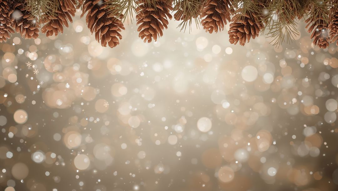 Framing Warm Golden Bokeh Holiday Garland with Pine Cones, Fir Branches, Snowflakes