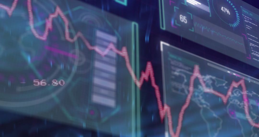 Futuristic Data Visualization with Fluctuating Line Graph and Digital Interfaces