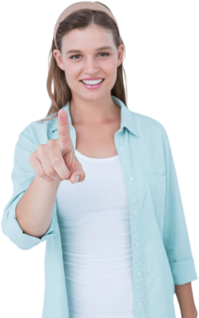 Smiling Hipster Woman Pointing with Confidence on Transparent Background