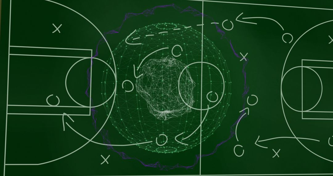 Chalkboard Diagram with Data Network Overlay on Basketball Court