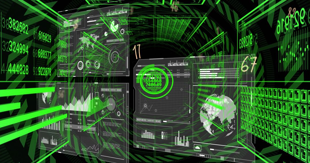 Cyberpunk HUD displaying green holographic dashboards and global data visualization