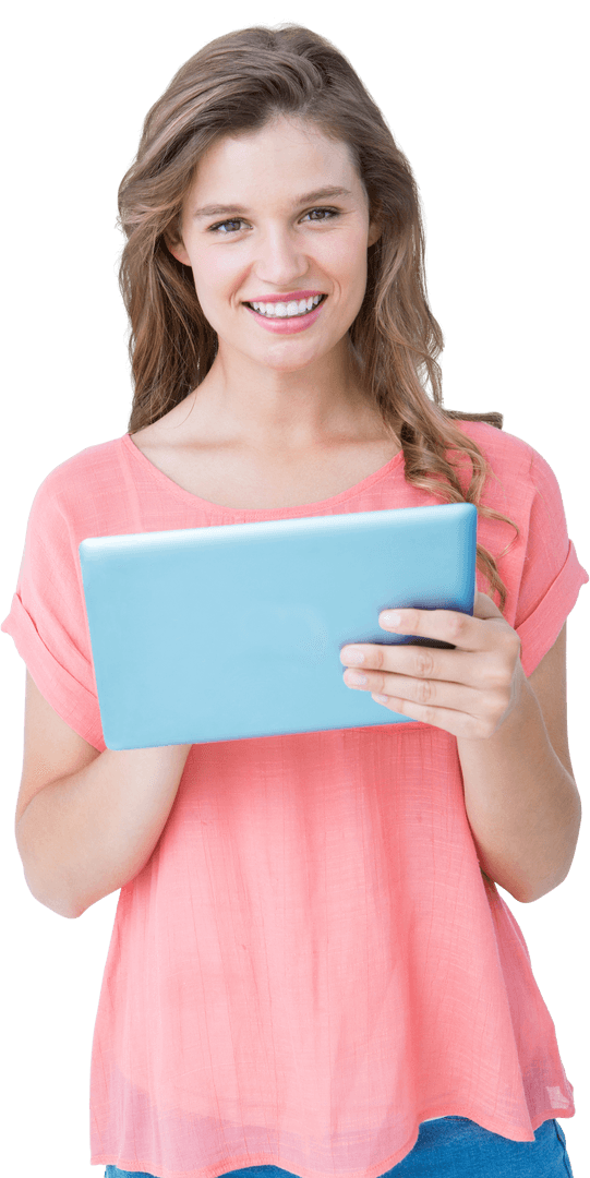 Smiling Casual Young Woman Holding Tablet Transparent Background