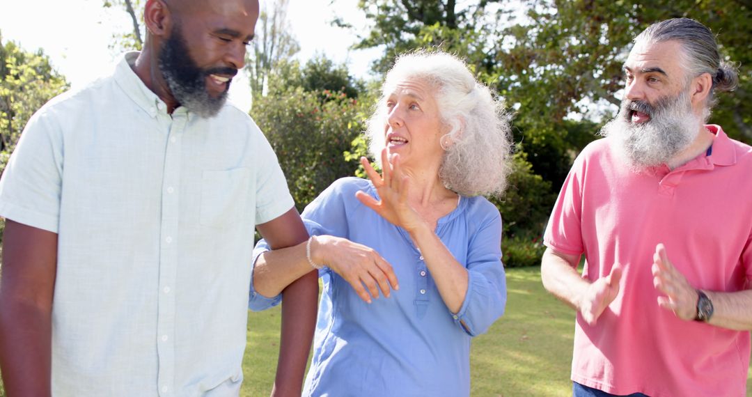 Senior Friends Enjoying Nature Walk and Conversation