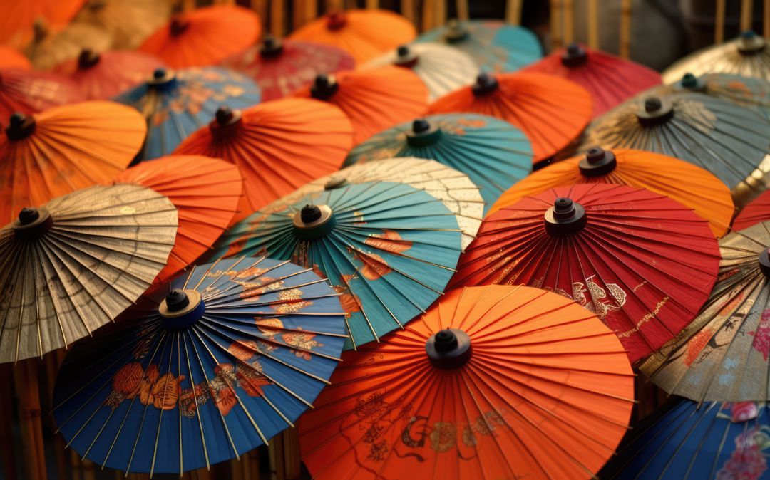 Colourful chinese umbrellas with patterns, created using generative ai technology - Free Images, Stock Photos and Pictures on Pikwizard.com