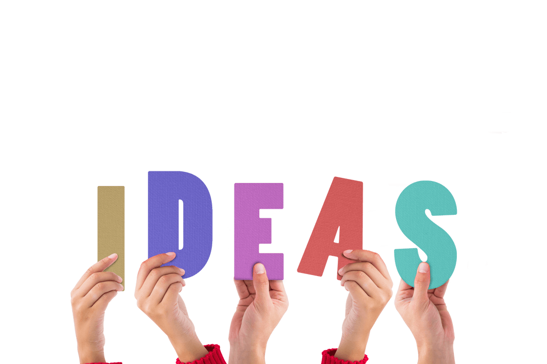 Hands Holding Colorful 'IDEAS' Text on Transparent Background