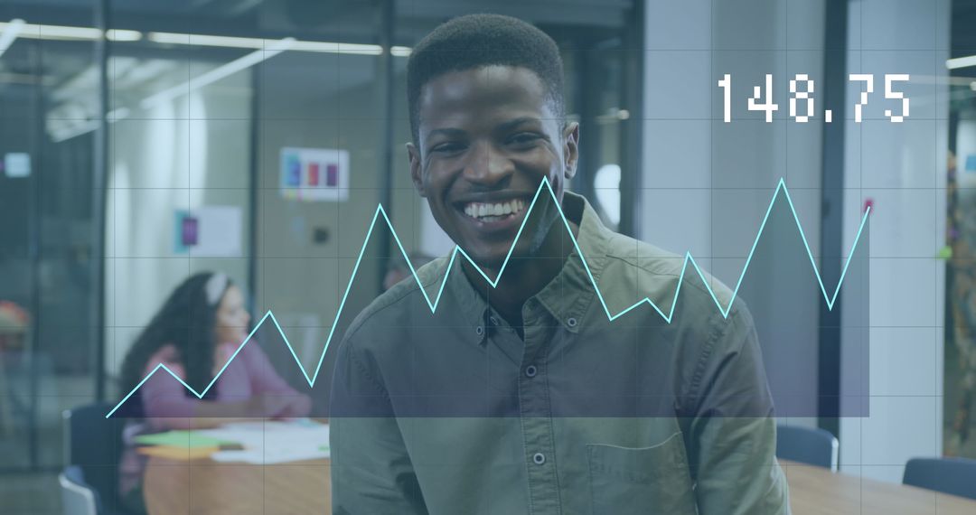 Happy Business Professional with Graphic Overlay in Office Environment