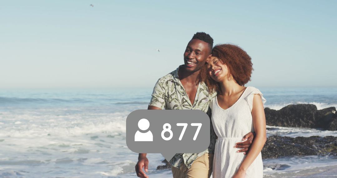 Happy Couple Enjoying Beach Walk with Social Media Overlays