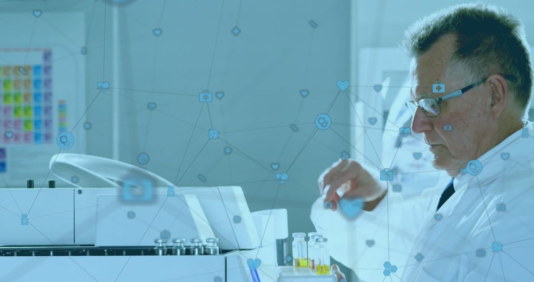 Scientist Analyzing Samples with Futuristic Graphics Overlay