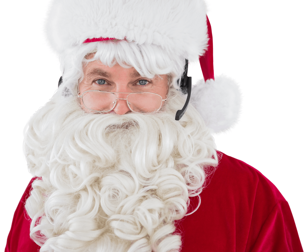 Smiling Santa Wearing Modern Headset on Transparent Background