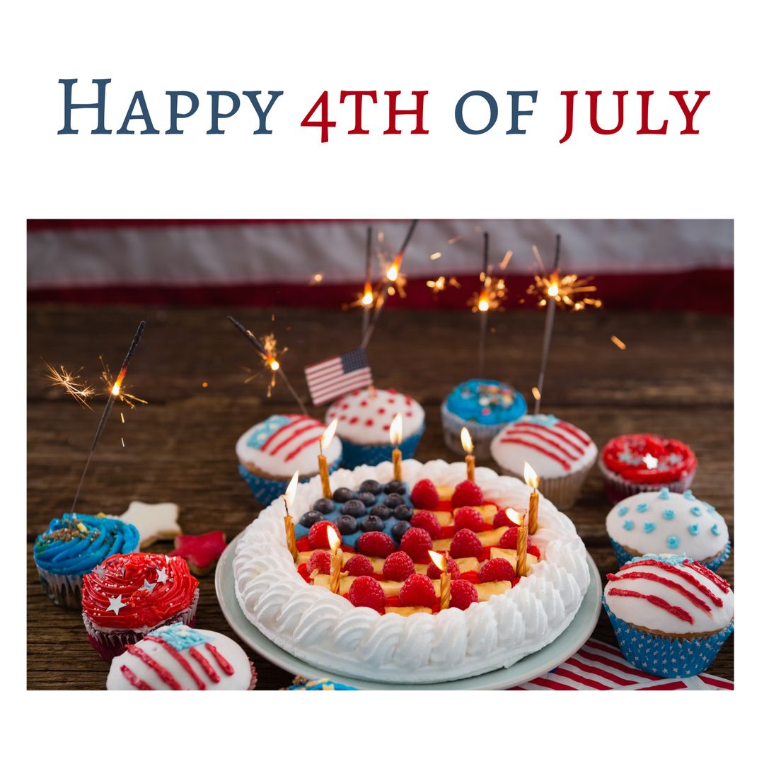 Festive 4th of July Cake with Sparklers and Cupcakes