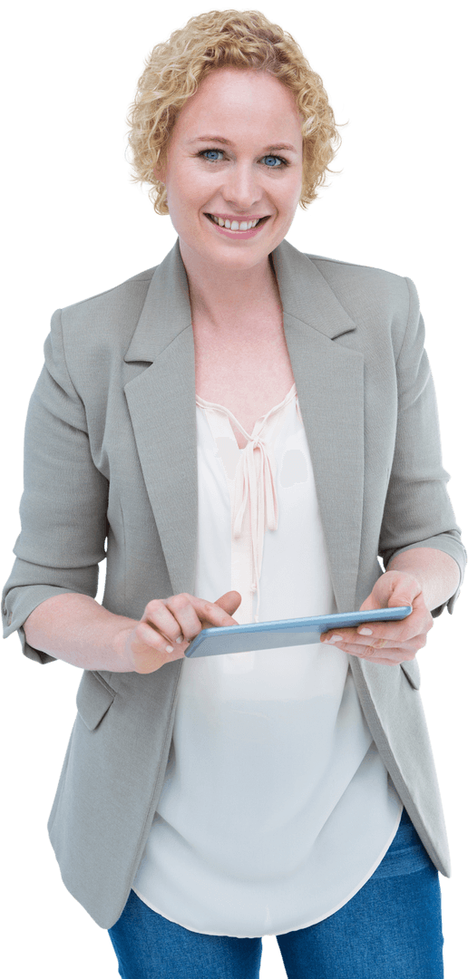 Smiling Woman with Tablet In Transparent Background