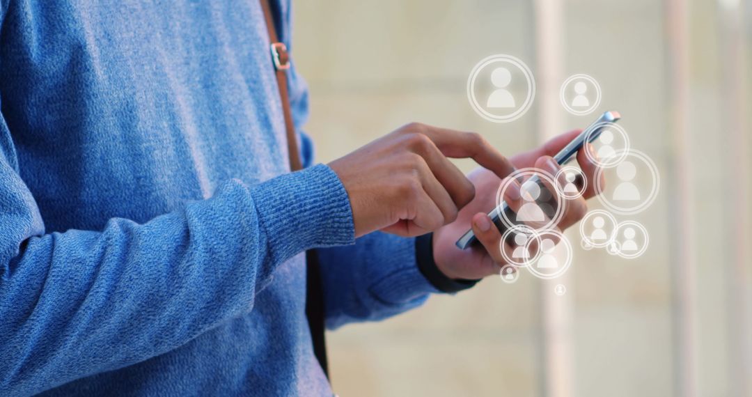 Man Using Smartphone with Virtual Network Icons