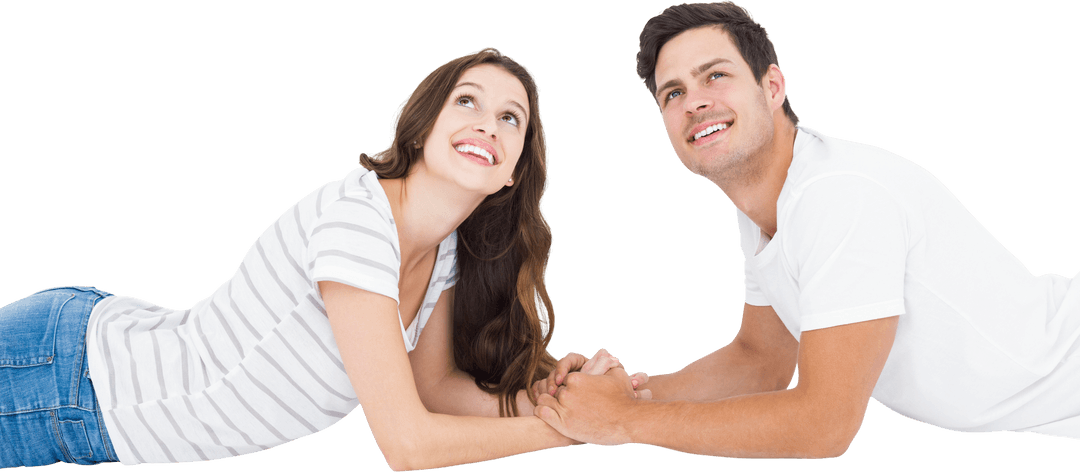 Happy Couple Lying on Floor Smiling with Transparent Background
