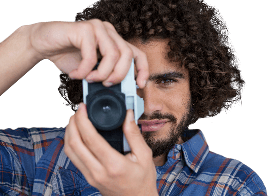 Curly Haired Male Photographer Shooting on Transparent Background