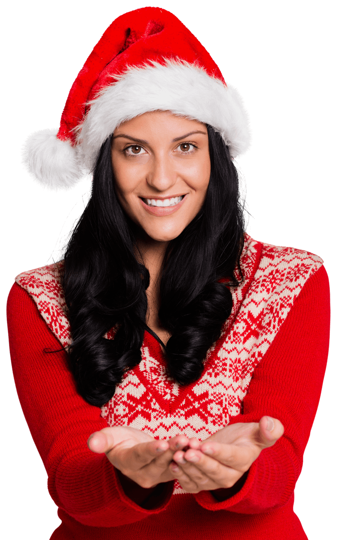 Smiling Woman with Santa Hat Offering Gesture on Transparent Background